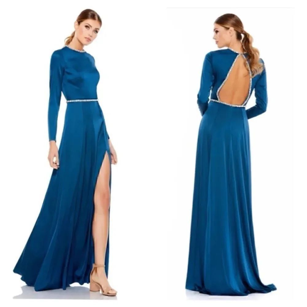 Mac Duggal Long sleeve Jewel Trimmed Sapphire gown Sz 10 NWT
